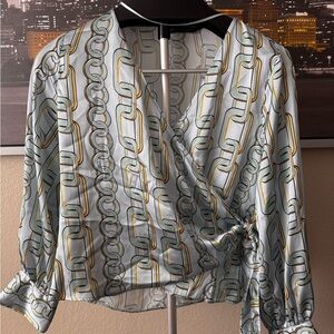 Zara Chain Print Wrap Blouse in White and Gold